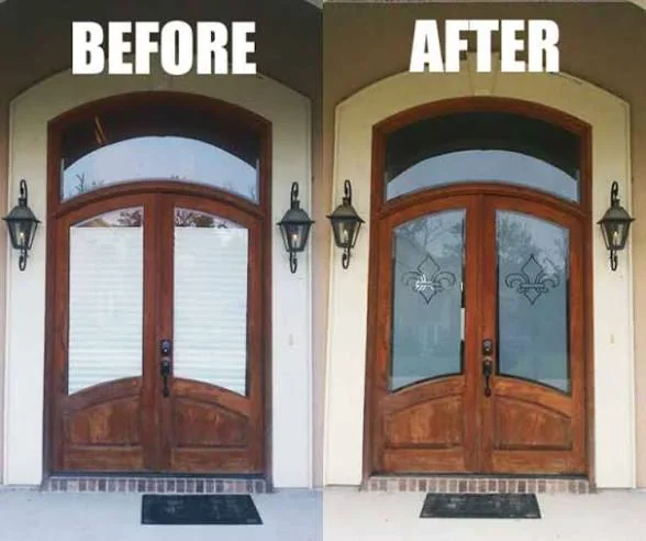 Glass entry doors before and after tinting