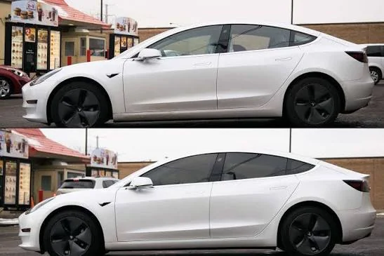 Tesla Model 3 before and after window tint by Frank & Son